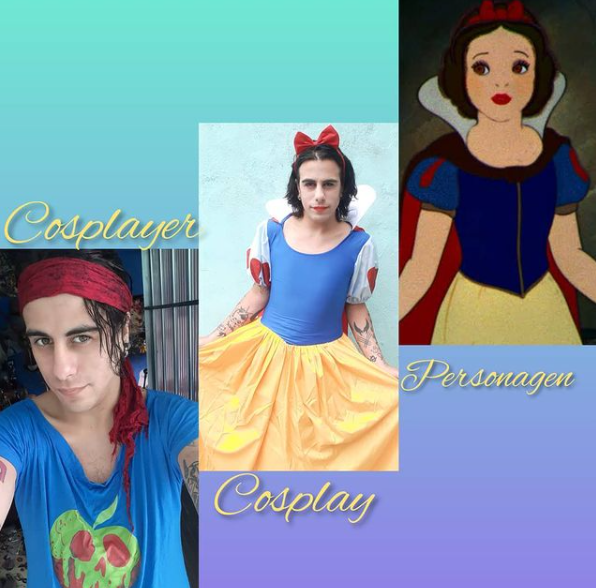 Montagem mostrando uma foto do cosplayer, do cosplay da Branca de Neve e a própria Branca de Neve da Disney