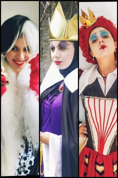 As três vilãs, da esquerda pra direita: Cruella DeVil (101 Dálmatas), Rainha Má (Branca de Neve e os sete anões) e Rainha Vermelha (Alice no País das Maravilhas)